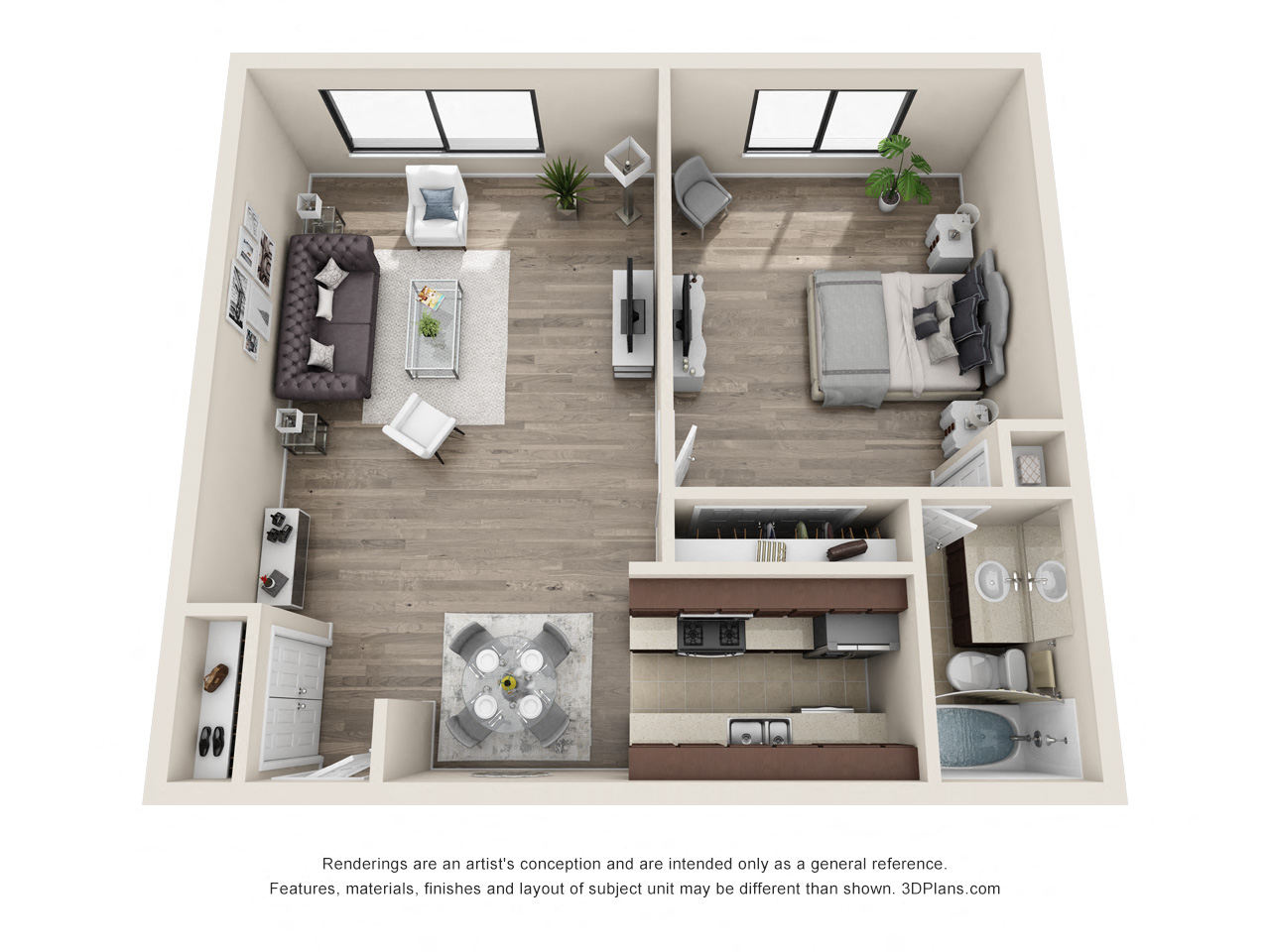Floor plan for 1 bed, 1 bath, 576 sqft